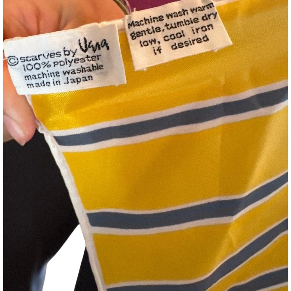 Vintage Vera Neumann Polyester Scarf Yellow Gray Stripes Mod Square Japan